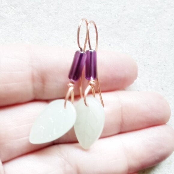 Purple + Mint Green Summer Leaf Earrings! Handmade Copper Earwires - Lightweight - Picture 5 of 7